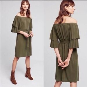 NWT Anthropologie Sunday in Brooklyn Taupe Modal Off Shoulder Dress Tie Waist M